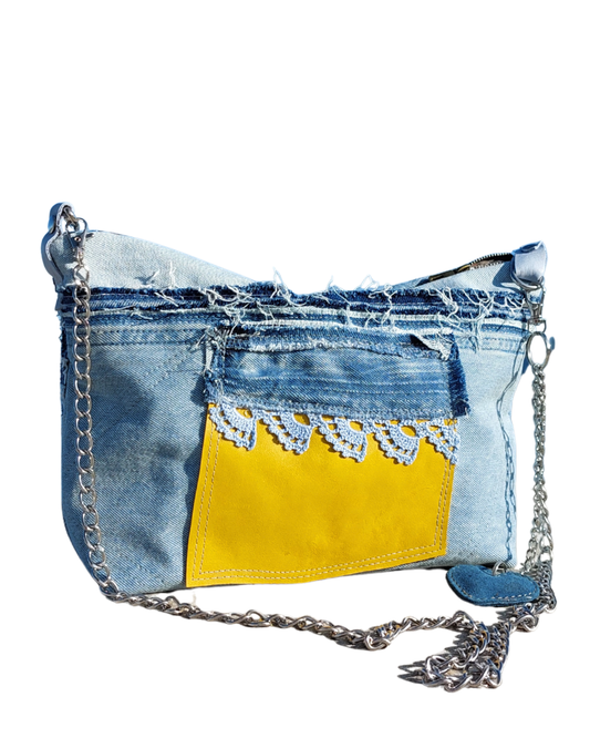 Blue Denim Purse with Peacock Design and Yellow Leather