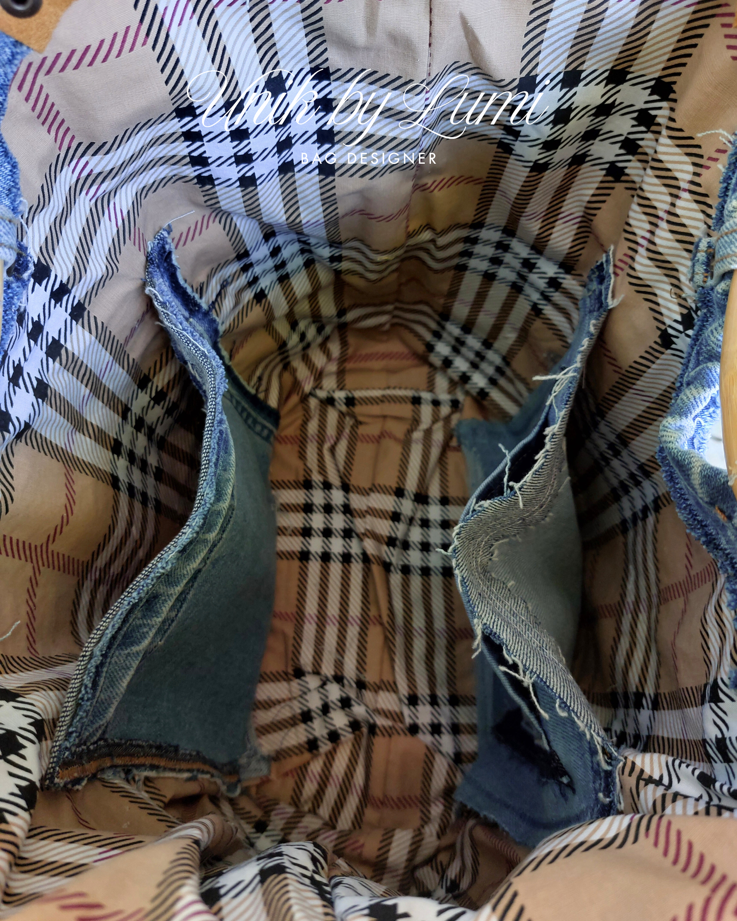 Denim Jeans Bag with Crochet and Bamboo Handle