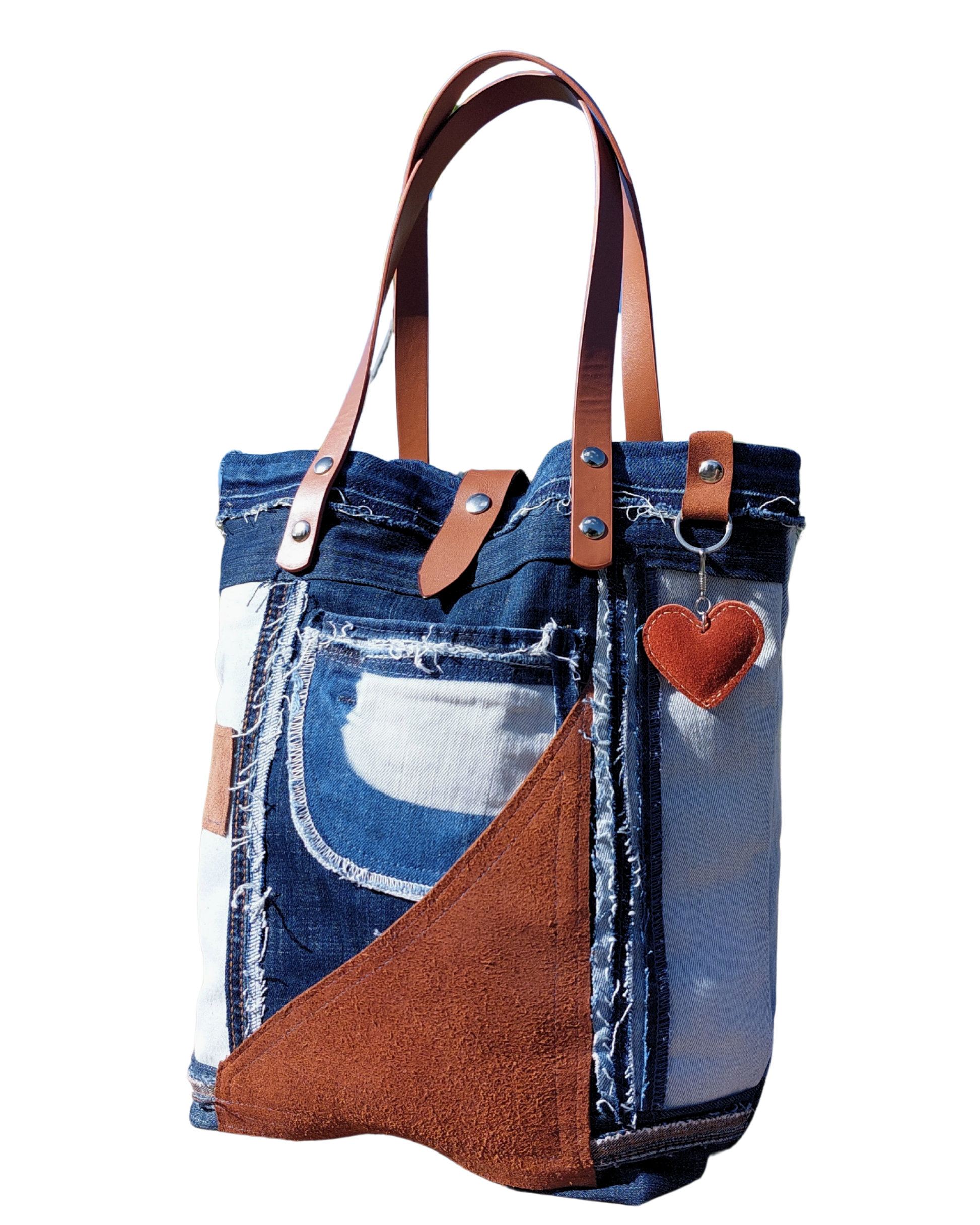 Handmade denim bag with brown leather, brown handbag