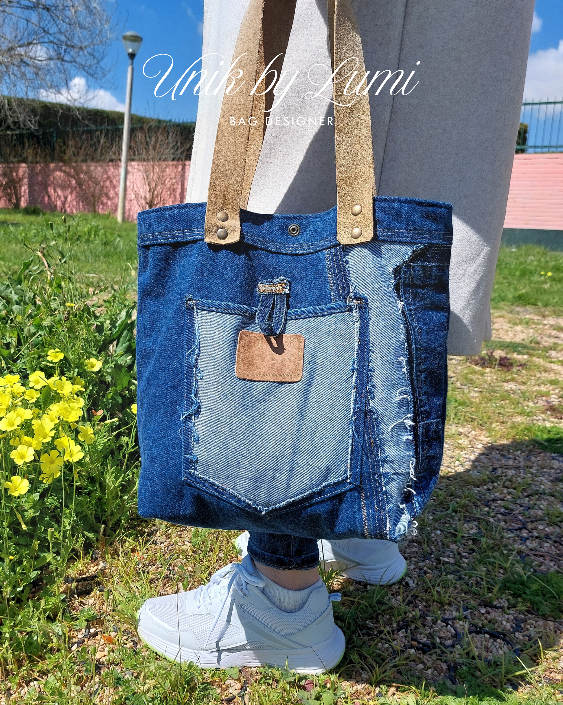 Denim bag with leather straps, sustainable fashion