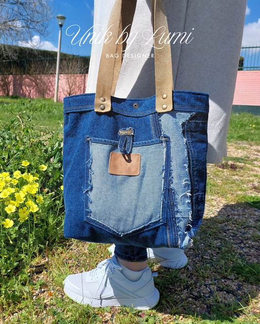 Denim bag with leather straps, sustainable fashion