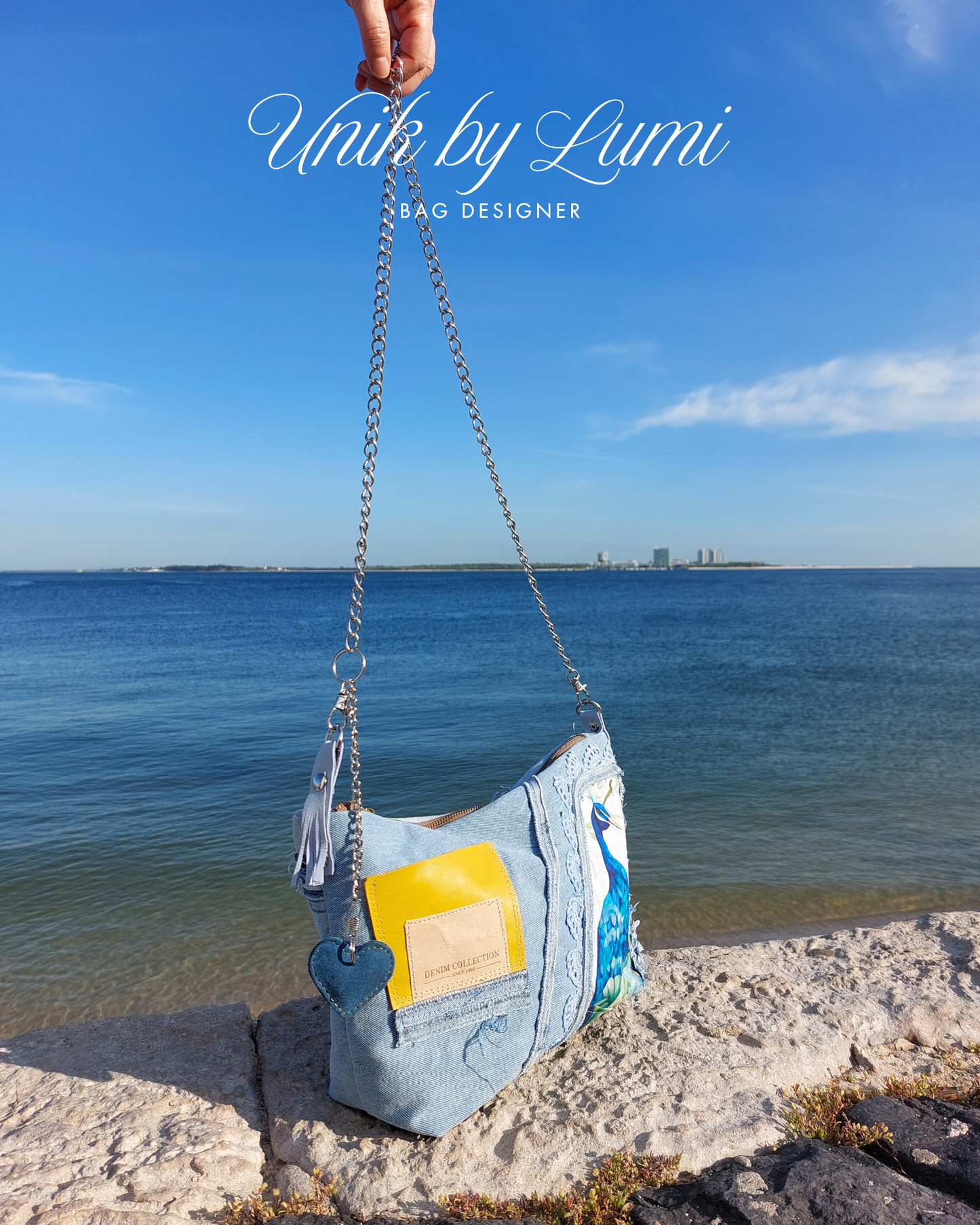 Blue Denim Purse with Peacock Design and Yellow Leather