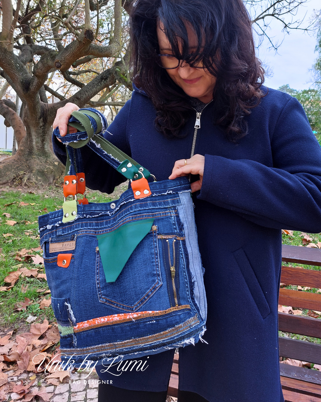 Abstract Picasso Shoulder Bag | Handmade Denim and Leather Handbag | High-Quality Recycled Jeans Bag