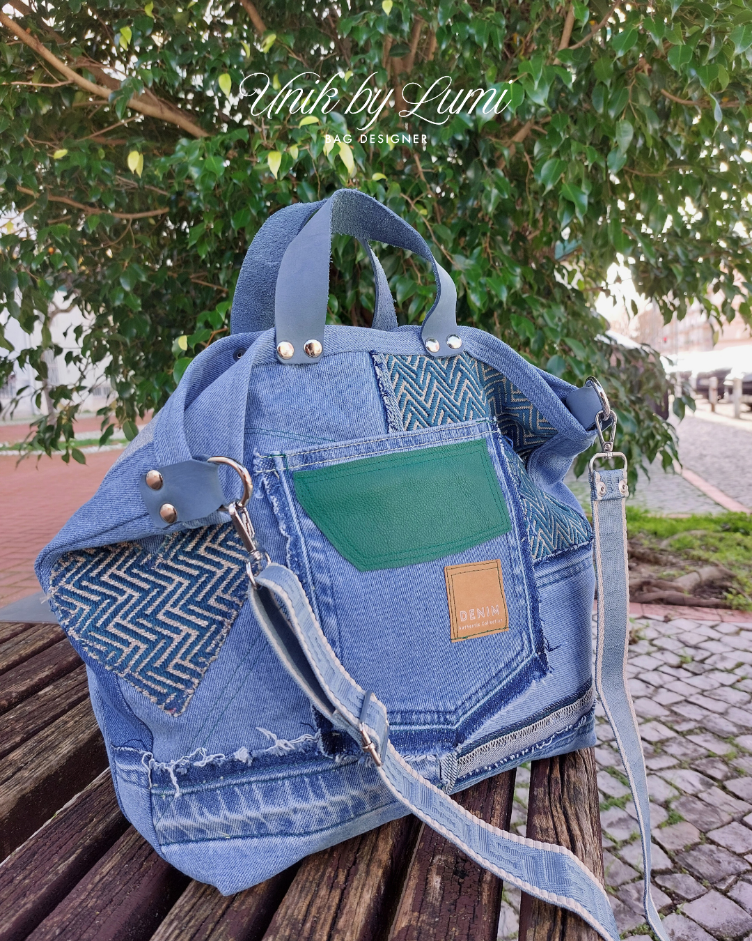 Green Eco Friendly Bag | Handmade Denim and Green Leather Handbag | High-Quality Recycled Jeans Bag