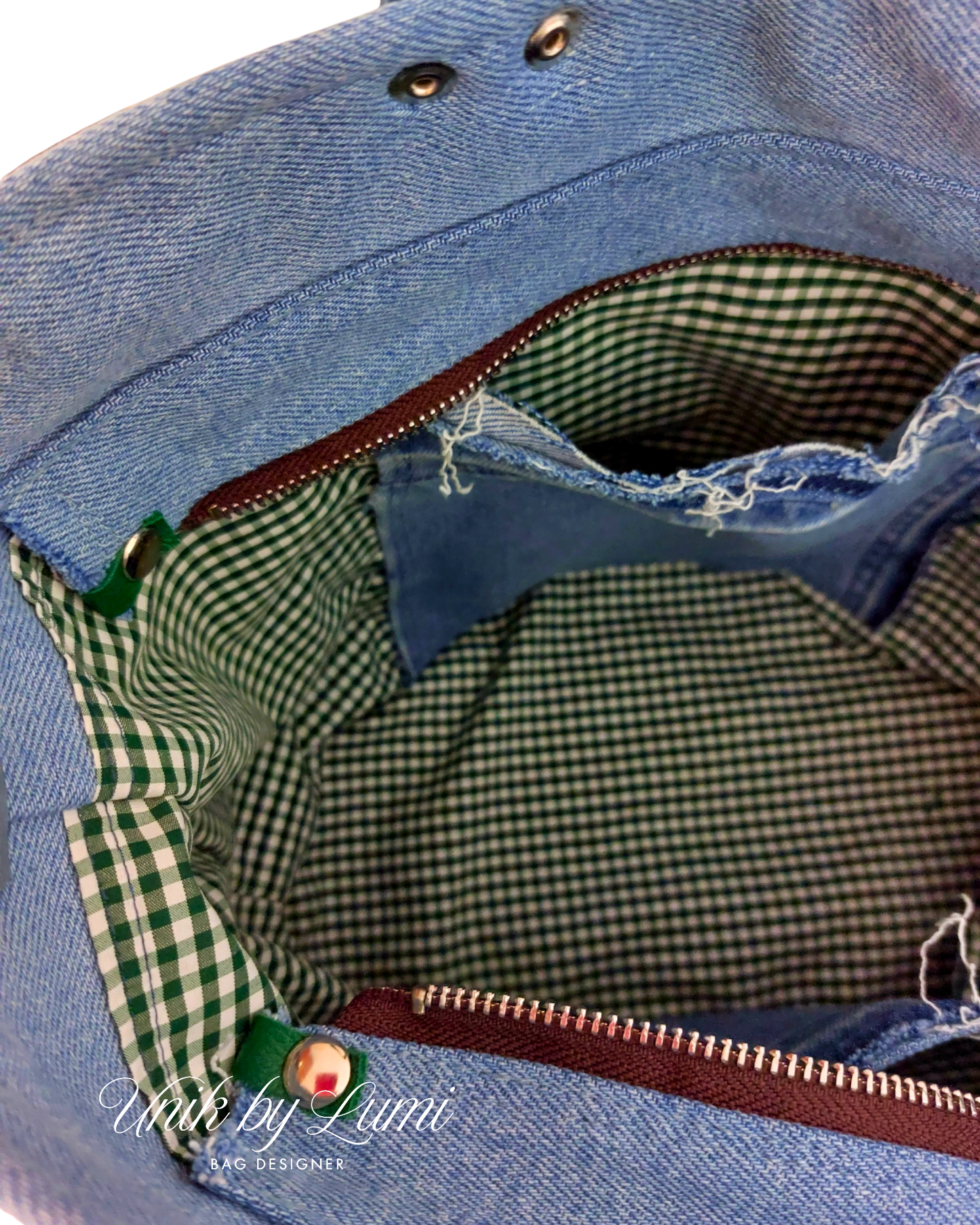 Green Eco Friendly Bag | Handmade Denim and Green Leather Handbag | High-Quality Recycled Jeans Bag