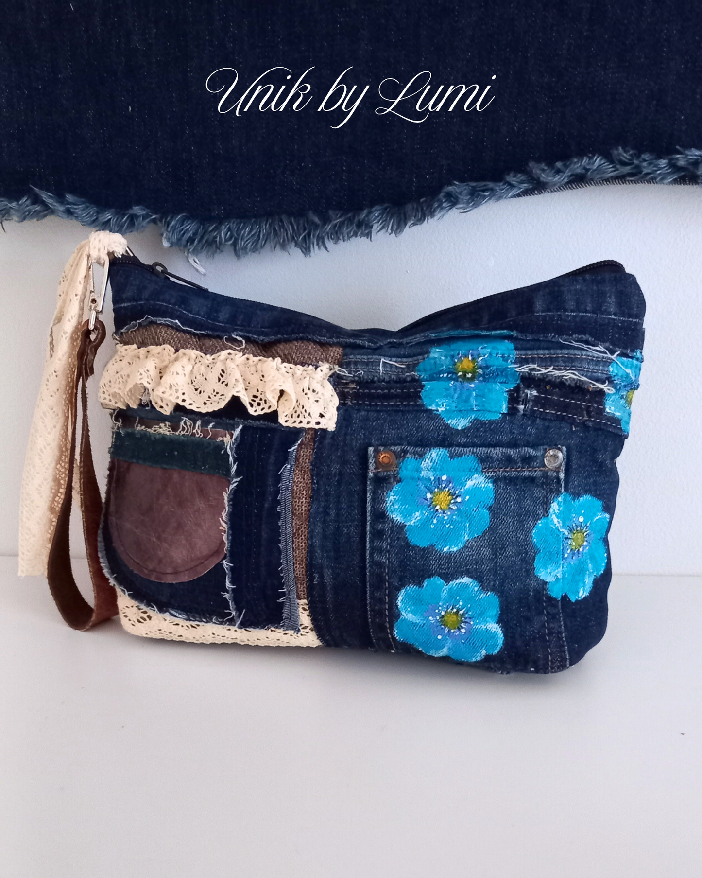 Eco-Friendly Denim and Leather Purse | Handcrafted Denim Purse | Hand painted Flowers | Made of Recycled Jeans