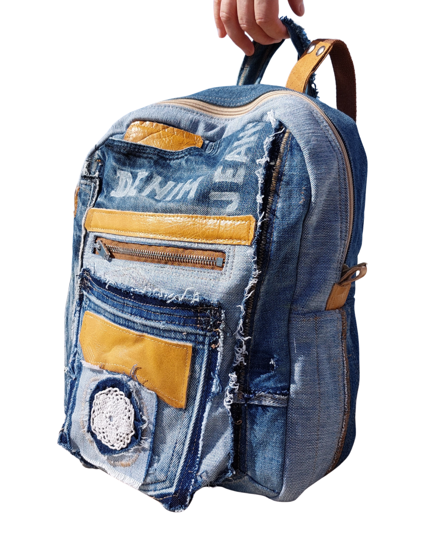 denim backpack with combination of camel leather
