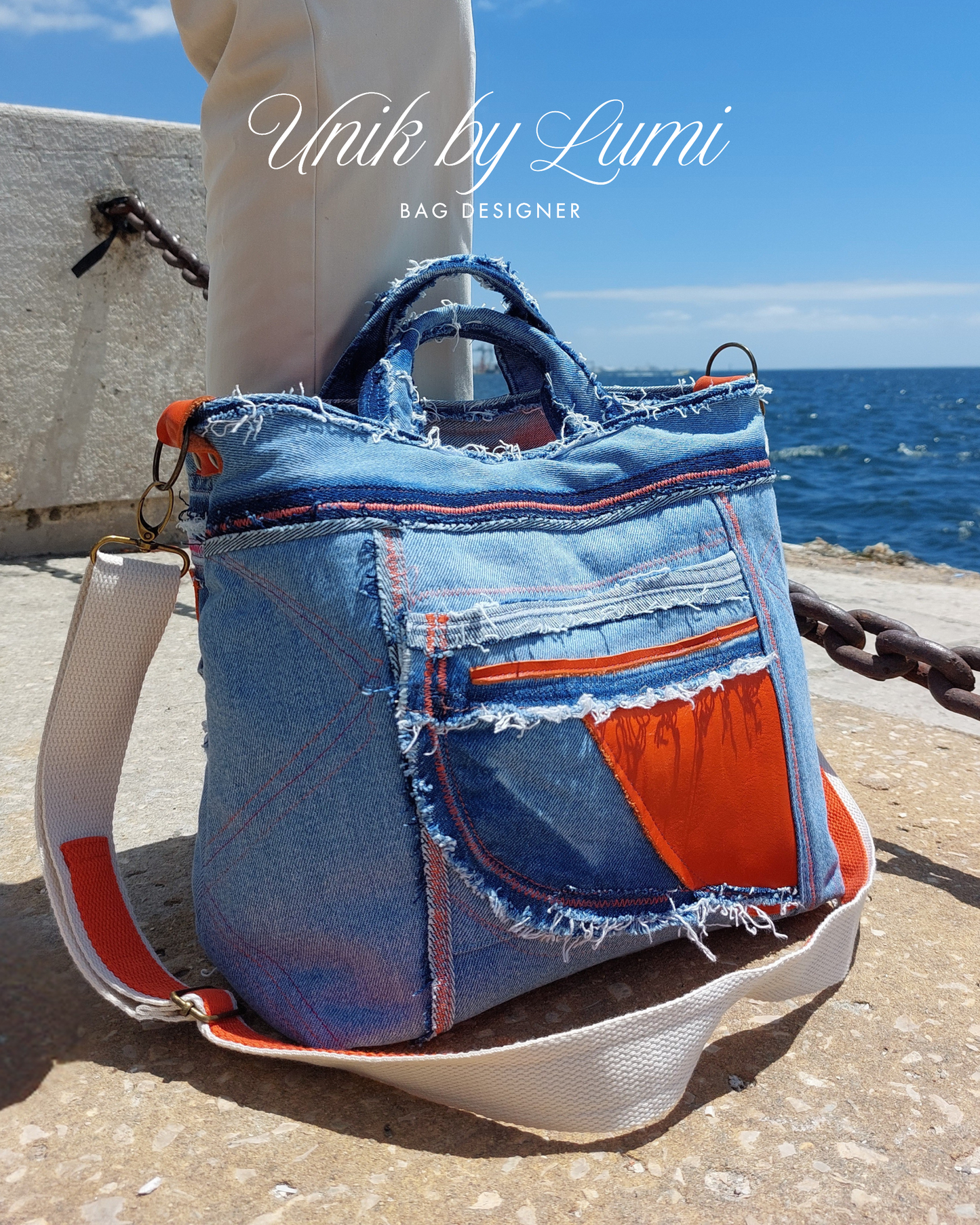 Neon Pink and Orange Denim Bag